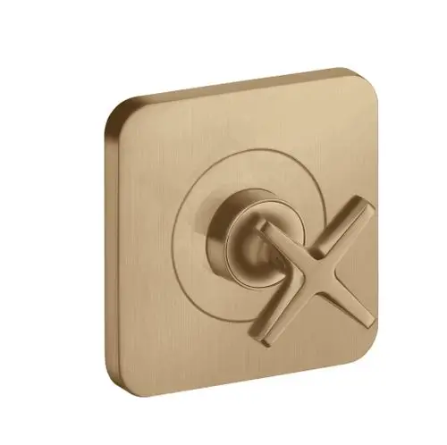 Unterputz-Absperrventil in gebürstetem Bronze-Finish von AXOR, mit einer eckigen Wandplatte und einem Kreuzgriff zur Steuerung des Wasserdurchflusses.